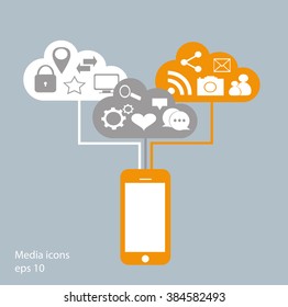 Flat mobile phone vector with social media icons and cloud computing, eps 10