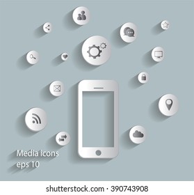 Flat mobile phone vector with social media icons white