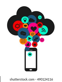Flat mobile phone vector with social media icons, cloud computing