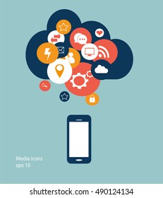 Flat mobile phone vector with social media icons, cloud computing