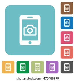 Flat mobile photography icons on rounded square color backgrounds.