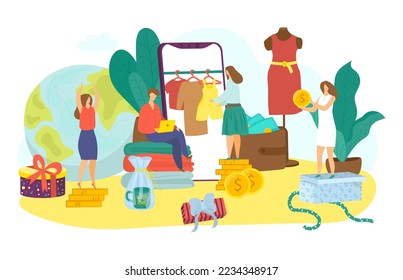 Tecnología de tienda de móviles plana, compra ropa en aplicación para smartphone, ilustración vectorial. Venta de ropa digital en internet, la clienta usa tienda en línea.
