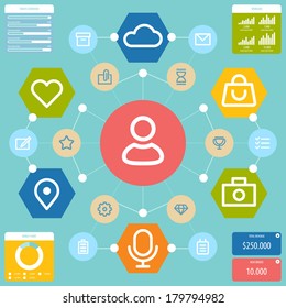 Flat Mobile UI Design. Social media circles, Network infographics. Eps 10.