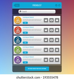 Flat Mobile UI Design for social network. Friend list. Vector eps 10.