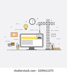 Flat mobile UI UX design web infographic concept vector. Crane creating interface on screen. User interface experience, usability, mockup, wireframe development concept.