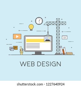 Flat mobile UI UX design web infographic concept vector. Crane creating interface on screen. User interface experience, usability, mockup, wireframe development concept.
