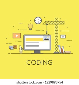 Flat mobile UI UX design web infographic concept vector. Crane creating interface on screen. User interface experience, usability, mockup, wireframe development concept.