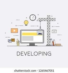 Flat mobile UI UX design web infographic concept vector. Crane creating interface on screen. User interface experience, usability, mockup, wireframe development concept. Developing