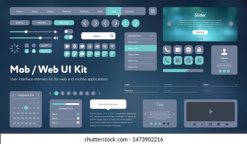 Kit de interface do usuário da Web móvel plana. Interface de usuário universal para criar sites responsivos, aplicativos móveis. Fundo gradiente. Diferentes UX, telas GUI com botões, controle deslizante, modelo de menu. Estilo espacial moderno.