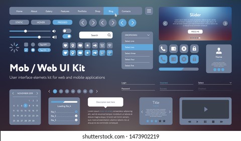 Flat Mobile Web UI Kit. Universal user interface for designing responsive websites, mobile apps. Gradient background. Different UX, GUI screens with buttons, slider, menu template. Modern space style. svg