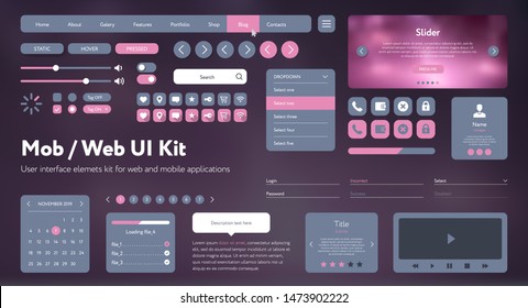 Kit de interfaz de usuario web móvil plano. Interfaz de usuario universal para diseñar sitios web sensibles, aplicaciones móviles. Fondo degradado. Diferentes pantallas UX, GUI con botones, control deslizante, plantilla de menú. El estilo moderno del espacio.