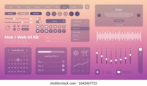 Flat Mobile Web UI Kit. Universal user interface for designing responsive websites, mobile apps. Gradient background. Different UX, GUI screens with buttons, slider, menu template. Modern space style.