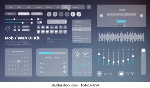 Flat Mobile Web UI Kit. Universal user interface for designing responsive websites, mobile apps. Gradient background. Different UX, GUI screens with buttons, slider, menu template. Modern space style.