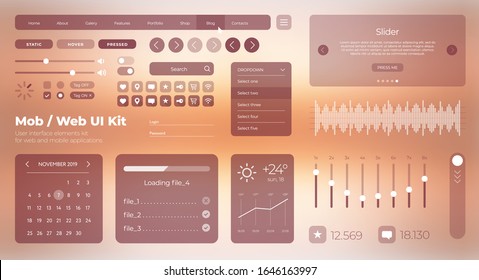 Flat Mobile Web UI Kit. Universal user interface for designing responsive websites, mobile apps. Gradient background. Different UX, GUI screens with buttons, slider, menu template. Modern brown style.