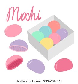 Flat mochi dessert set. Vector Japanese traditional rice dessert set