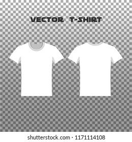 Flat mockup blank t-shirts. Summer clothing in the front and back. Template of white shirt for man and woman, male and female, boy and girl. Summer sportswear dress isolated on transparent background.