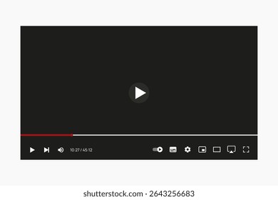Flat mockup of a minimal video player interface with control panel, dark screen, playback icons and progress bar. Editable vector layout
