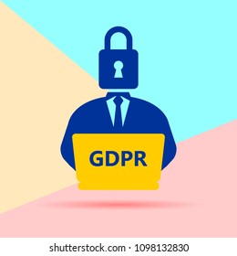 Flat modern art design graphic image of  man with a lock instead of a head and a laptop studying the law of GDPR concept icon on pink and blue background