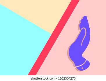 Flat modern art design graphic image of hand icon pushes the door or gestures to stop on pastel colored pink and blue background.