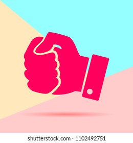 Flat modern art design graphic image of icon hand compressed in a fist on pink and blue background. concept of fighting for the rights