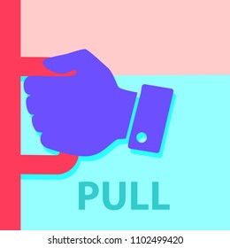 Flat modern art design graphic image of hand with handle on pink and blue background. Concept of pull door icon