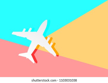 Flat modern art design graphic image of airplane silhouette on pastel colored pink and blue background.