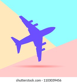 Flat modern art design graphic image of airplane silhouette on pastel colored pink and blue background.