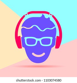 Flat modern art design graphic image of man head with glasses and headphones icon on pastel colored pink and blue background.