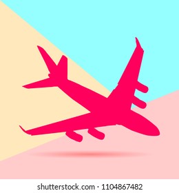 Flat modern art design graphic image of airplane silhouette on pastel colored pink and blue background.