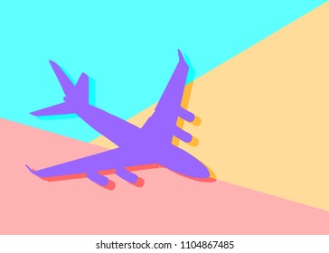 Flat modern art design graphic image of airplane silhouette on pastel colored pink and blue background.
