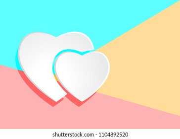 Flat modern art design graphic image of white paper hearts icon on pastel colored pink and blue background.