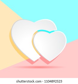 Flat modern art design graphic image of white paper hearts icon on pastel colored pink and blue background.