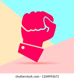 Flat modern art design graphic image of icon hand compressed in a fist on pink and blue background. concept of fighting for the rights