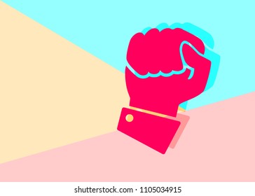 Flat modern art design graphic image of icon hand compressed in a fist on pink and blue background. concept of fighting for the rights