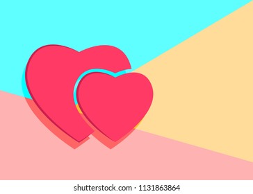 Flat modern art design graphic image of pink paper hearts icon on pastel colored pink and blue background