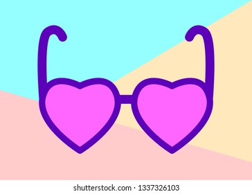 Flat modern art design graphic image of heart glasses on pastel colored pink and blue background.