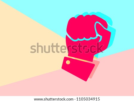 Flat modern art design graphic image of icon hand compressed in a fist on pink and blue background. concept of fighting for the rights