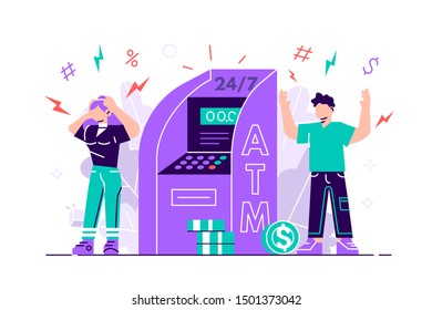 	
Flat modern. ATM machine with no money and sad customers around. Management of investment in cards. Problems with ATM machine. Vector illustration for web page, banner, presentation, social media. 