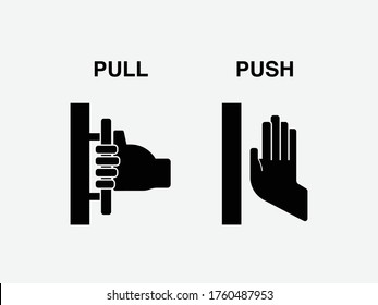 Flaches, modernes, schwarzes Push-and-Pull-Symbol auf weißem Hintergrund. Türsymbol drücken und Türsymbol ziehen.