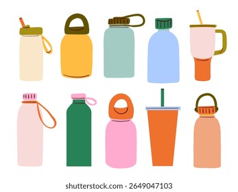 Flat Modern Bottle Tumbler Collection. A colorful collection of 10 flat style drinkware elements including bottles tumblers mugs and containers in modern rounded minimalist designs for everyday
