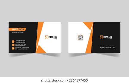 Flat modern business card with black and orange color. Creative business card. Corporate business card template. Portrait and landscape design.