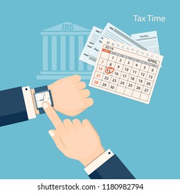 Flat modern business concept of tax day, payments time, tax time with marked number 15 of the April page of the calendar 2019 year and human finger showing at the watch. EPS 10