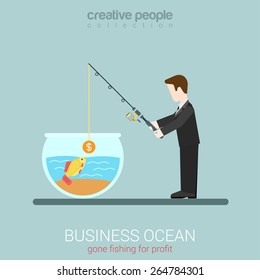 Flat modern business web concept template for businessman investor seeking to catch goldfish. Man fishing in aquarium throw rod with coin bait. Creative people collection. 