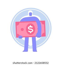 Flat modern character with a big dollar in hands. Get Fiat Cash Concept. Business Concept illustration with man taking part in business activities
