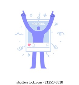 Flat modern character celebrating 100k subscribers. 100k subscribers in social network. Business Concept illustration with man taking part in business activities