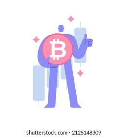 Flat modern character holding a large bitcoin coin on the background of Japanese candles. cryptocurrency investment. Business Concept illustration with man taking part in business activities