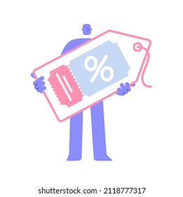 Flat modern character holding a tag with a discount coupon. big discount coupon, sale. Business Concept illustration with man taking part in business activities.