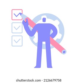 Flaches, modernes Zeichen hat einen großen Bleistift und füllt eine Checkliste aus. Planung und Erreichung von Zielen. Kundenbefragung. Business Concept Illustration mit Menschen, die an geschäftlichen Aktivitäten teilnehmen