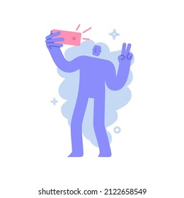 Flat modern character holds a smartphone in his hand, taking a selfie on the front camera. lifestyle, social media, mobile concept. Business illustration with man taking part in business activities