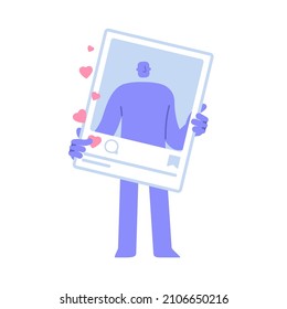 Flat modern character holds a social network photo frame. Publishing new content. social media promotion. Business Concept illustration with man taking part in business activities